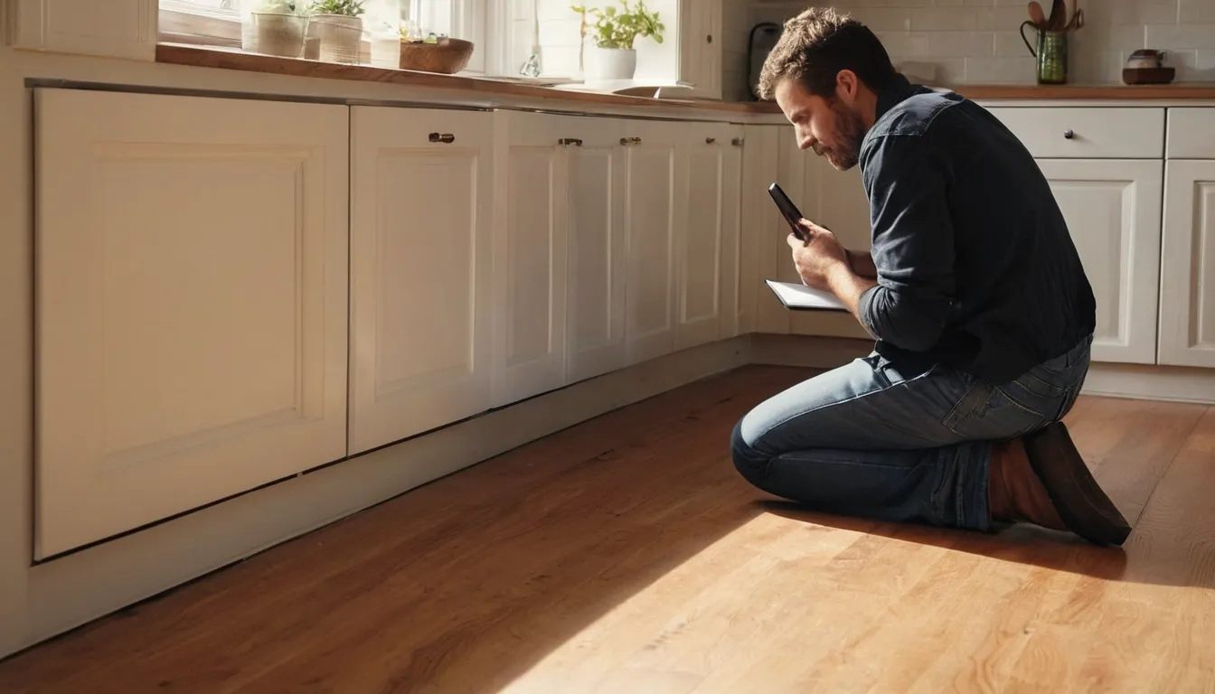 A homeowner photographing a small gap along a baseboard to document a pest problem